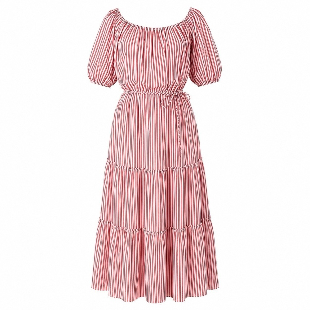 Draper James RSVP 1X Maxi Dress Plus Red White Stripe Cotton Puff Sleeve Tiered